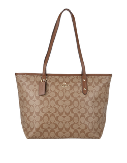 Signature City Zipped Tote, Canvas/Leather, Brown, MIC, 2*